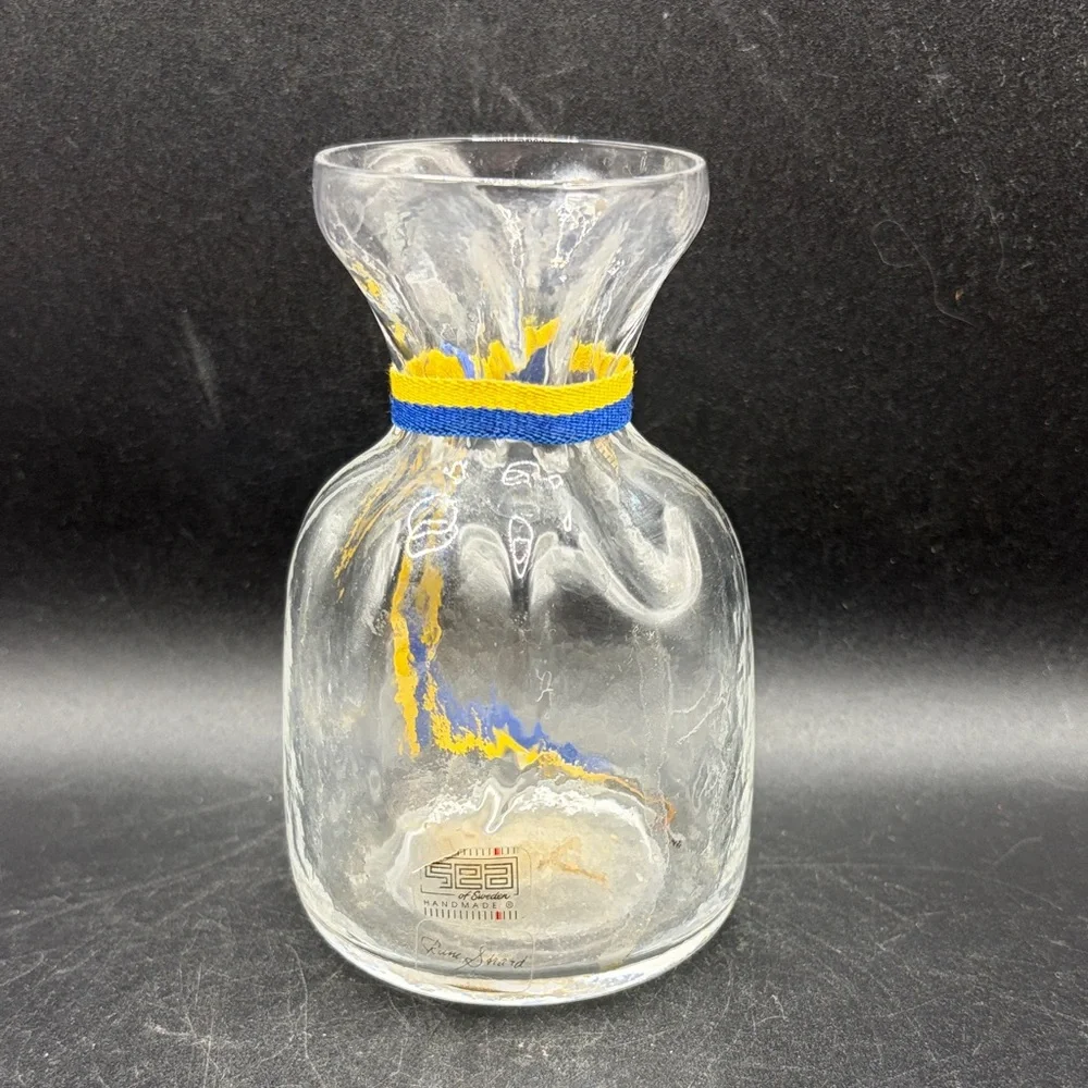SEA Glasbruk Sweden Vintage Clear Glass Bag Sack Vase Pinched Neck, Labeled